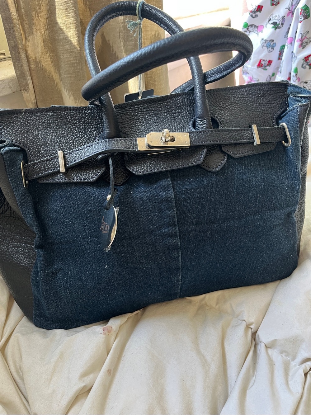 Bevini Modena Leather & Denim Satchel Bag - Made in Italy (NWT)